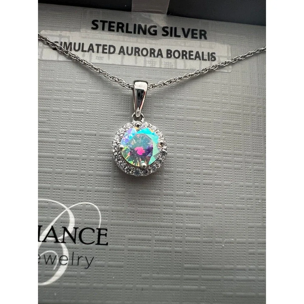 Necklace round pendant sterling silver simulated Aurora Borealis, crystals New